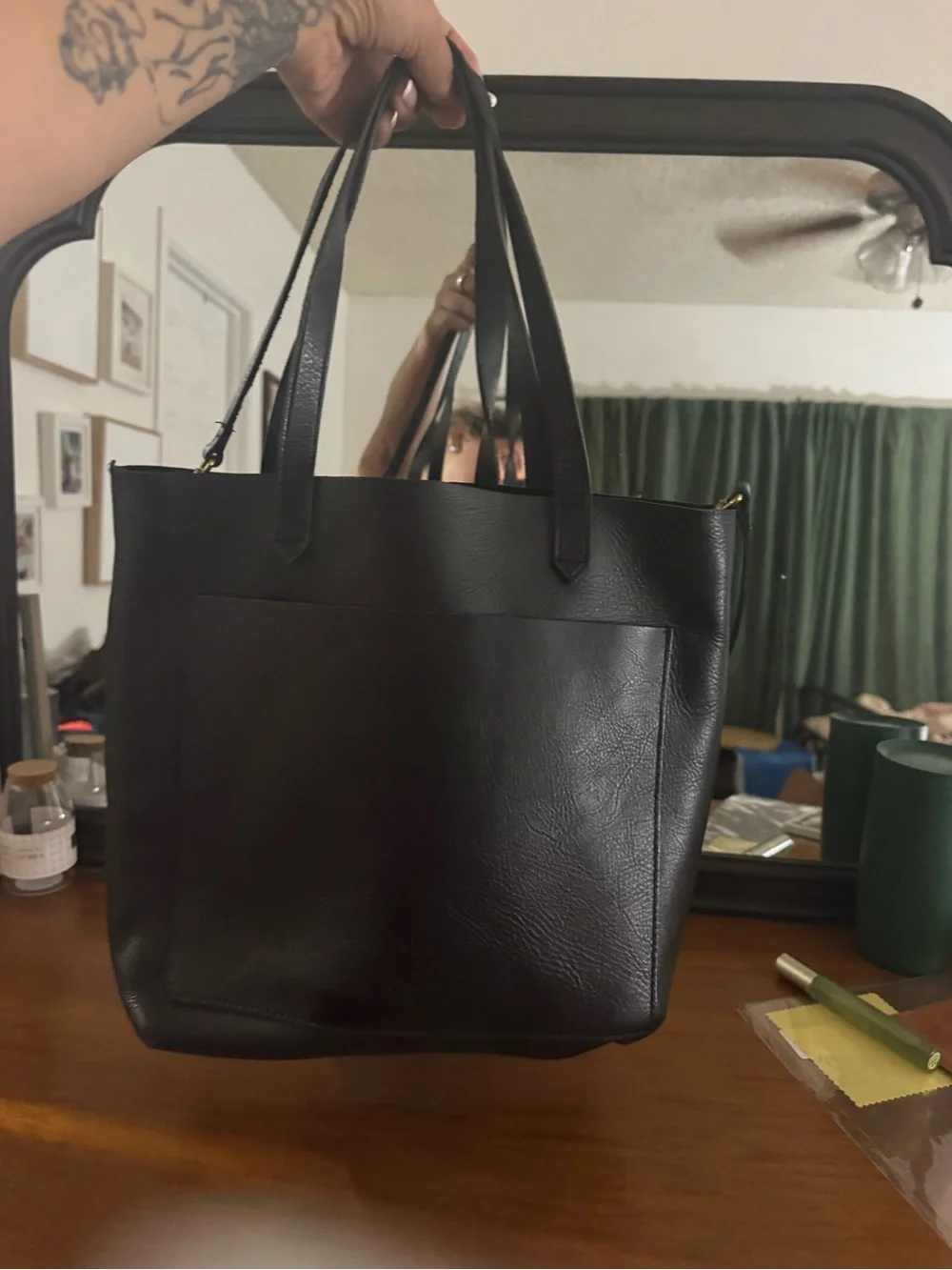 Madewell Black Leather Tote with Front Pocket